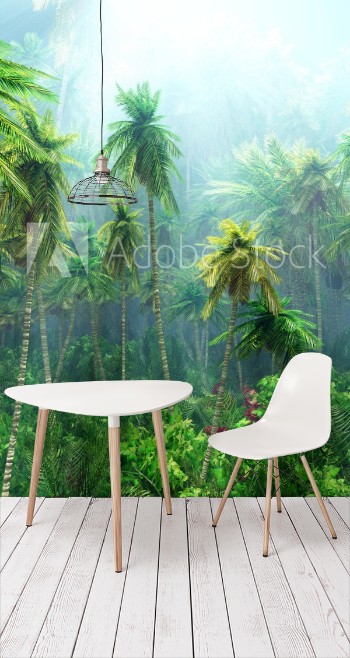 Bild på Jungle beautiful rainforest in the fog palm trees in the haze jungle in the morning in the fog 3D rendering